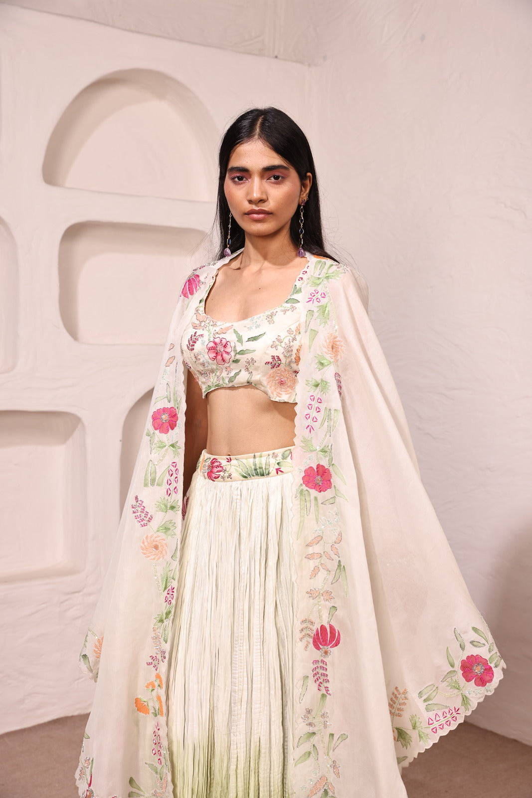 Serenity Springs Organza Shoulder Cape With Organza Bustier & Ombre Malai Silk Crushed Skirt