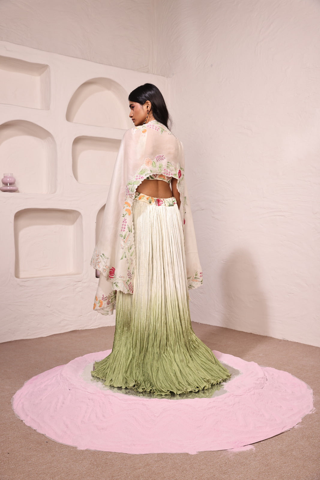 Serenity Springs Organza Shoulder Cape With Organza Bustier & Ombre Malai Silk Crushed Skirt