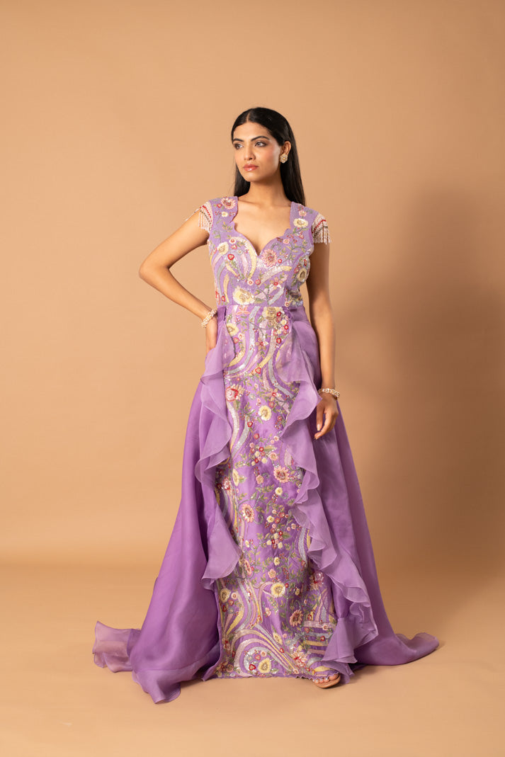Seraphina Lilac Satin Organza Gown with Cutdana & Thread Embroidery