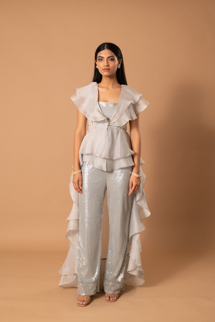 Frostfall Ice Grey Indowestern Coord Set with Organza Train & Sequin Embellishments