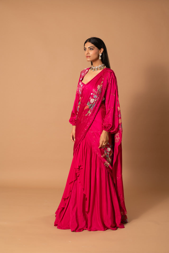 Fuchsia Fantasia Pre-Draped Saree in Satin Georgette & Crepe with Handpaint, Cutdana & Sequin Work