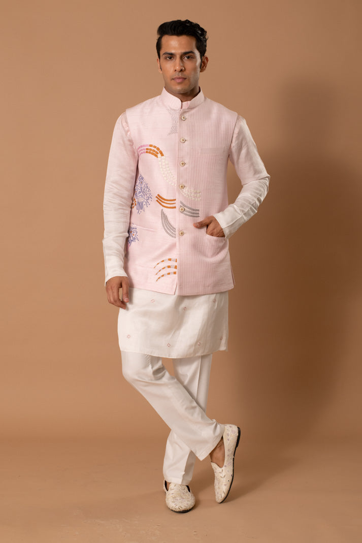 Ivory & Pastel Pink Bundi And Kurta Set