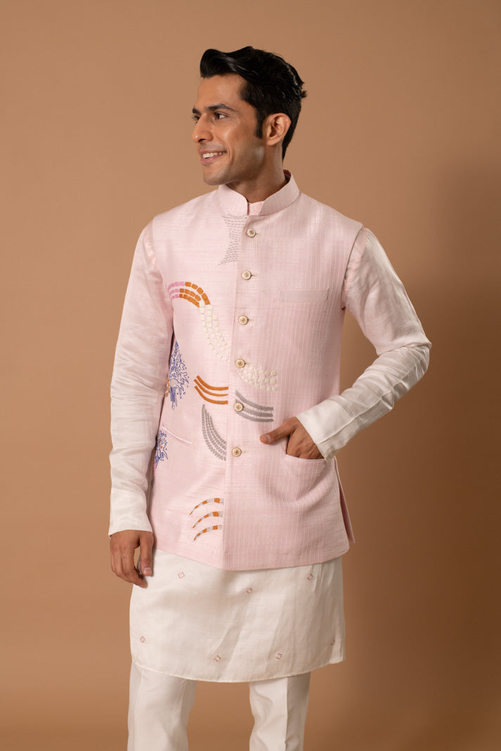 Ivory & Pastel Pink Bundi And Kurta Set