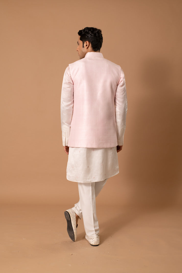 Ivory & Pastel Pink Bundi And Kurta Set
