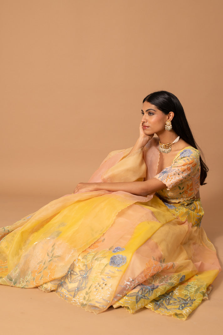 Mellow Soft Yellow Organza Lehenga with Handpaint, Cutdana & Sequin Embroidery