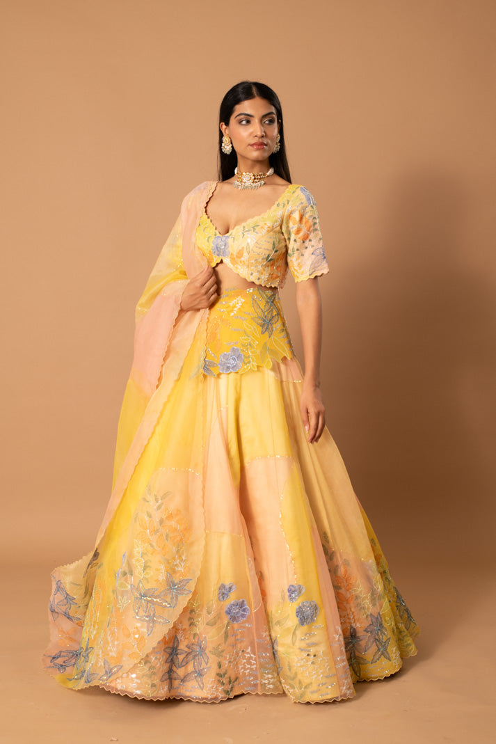 Mellow Soft Yellow Organza Lehenga with Handpaint, Cutdana & Sequin Embroidery