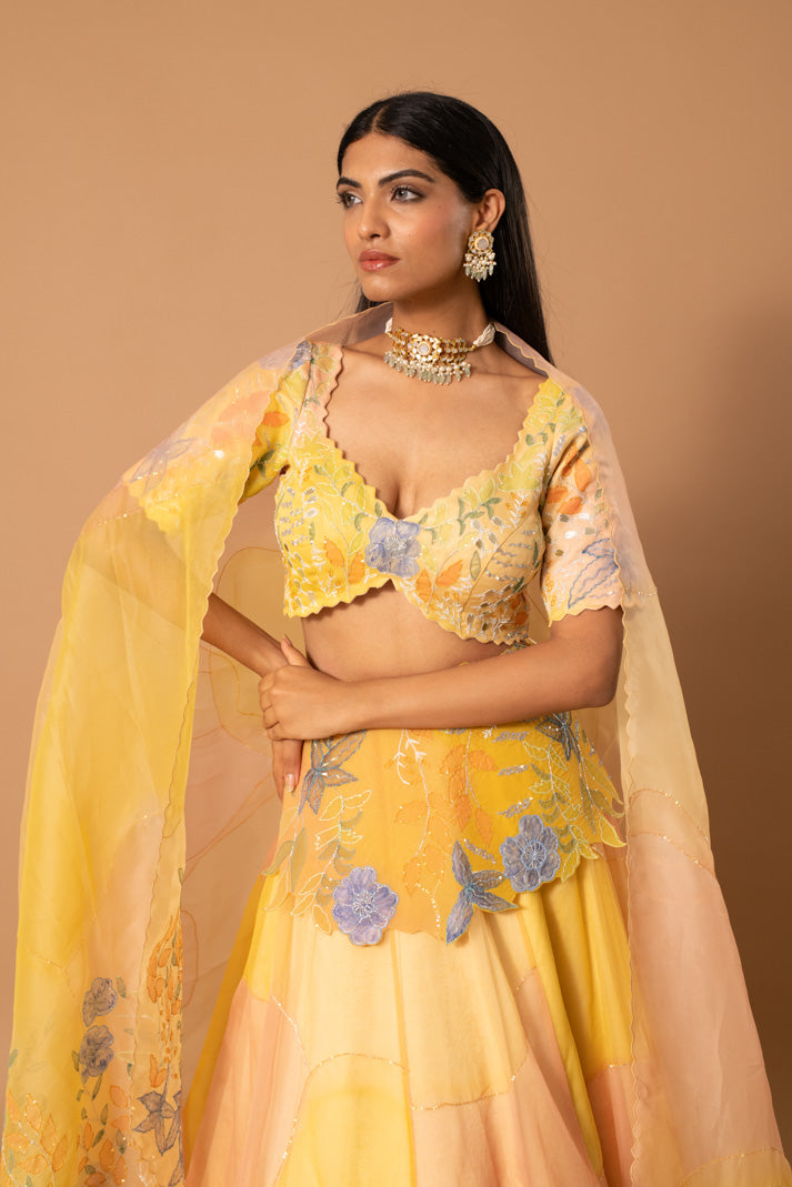 Mellow Soft Yellow Organza Lehenga with Handpaint, Cutdana & Sequin Embroidery
