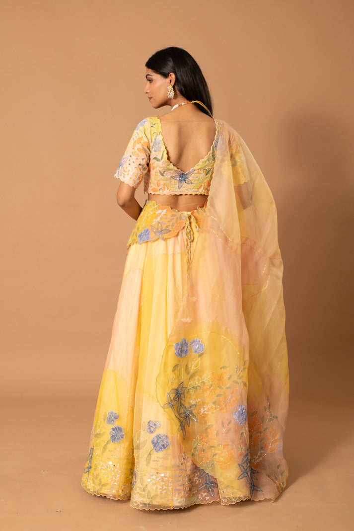 Mellow Soft Yellow Organza Lehenga with Handpaint, Cutdana & Sequin Embroidery