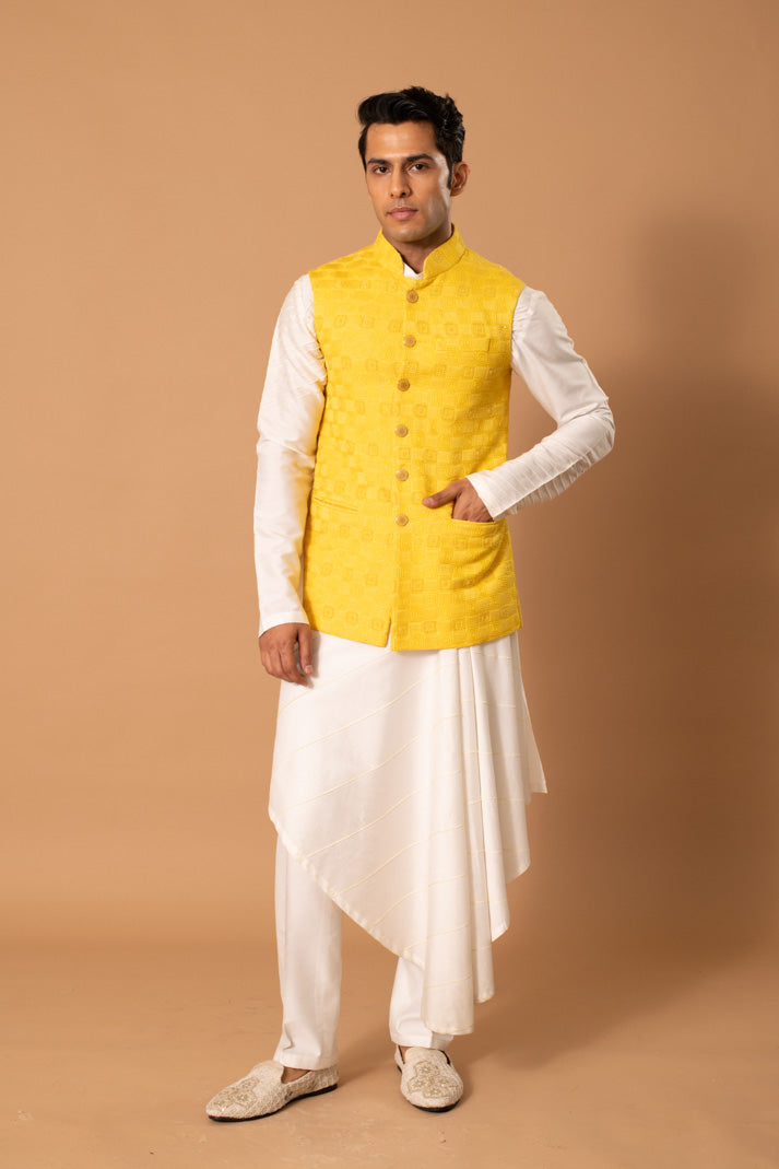 Ivory & Musturd Bundi And Kurta Set