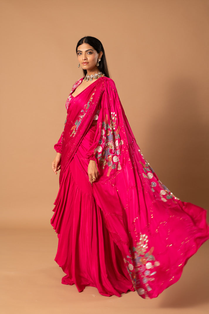 Fuchsia Fantasia Pre-Draped Saree in Satin Georgette & Crepe with Handpaint, Cutdana & Sequin Work