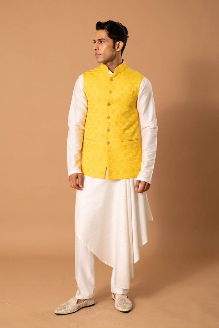 Ivory & Musturd Bundi And Kurta Set