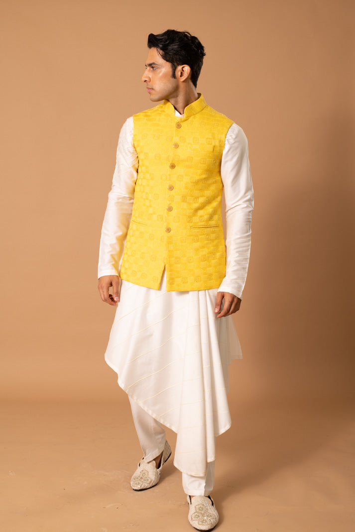 Ivory & Musturd Bundi And Kurta Set