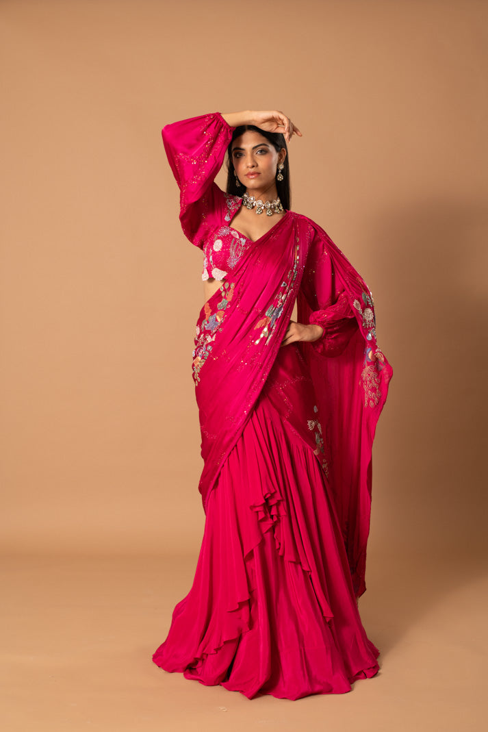 Fuchsia Fantasia Pre-Draped Saree in Satin Georgette & Crepe with Handpaint, Cutdana & Sequin Work