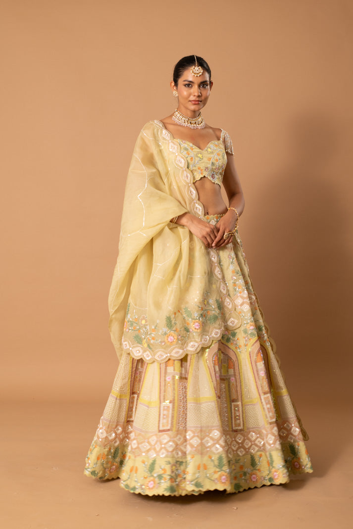 Solstice Pastel Lime Satin Organza Lehenga with Mughal Handpaint, Cutdana & Sequins