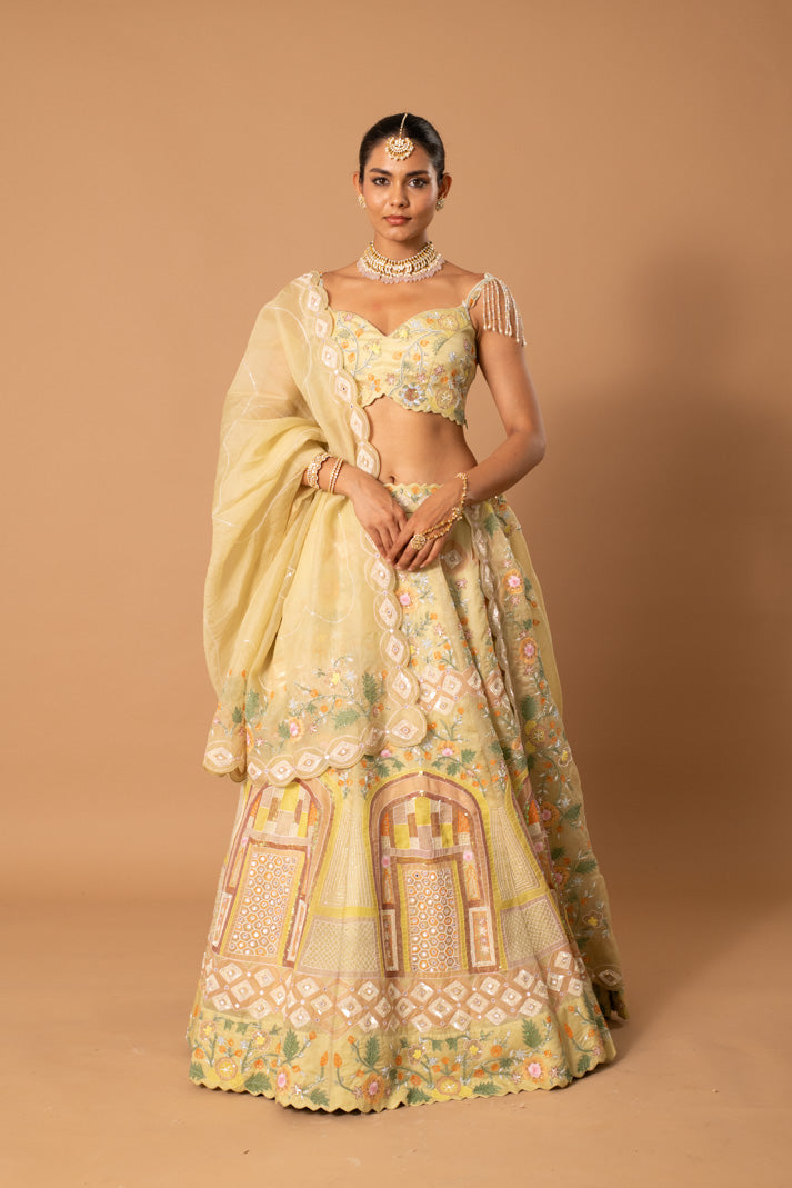 Solstice Pastel Lime Satin Organza Lehenga with Mughal Handpaint, Cutdana & Sequins