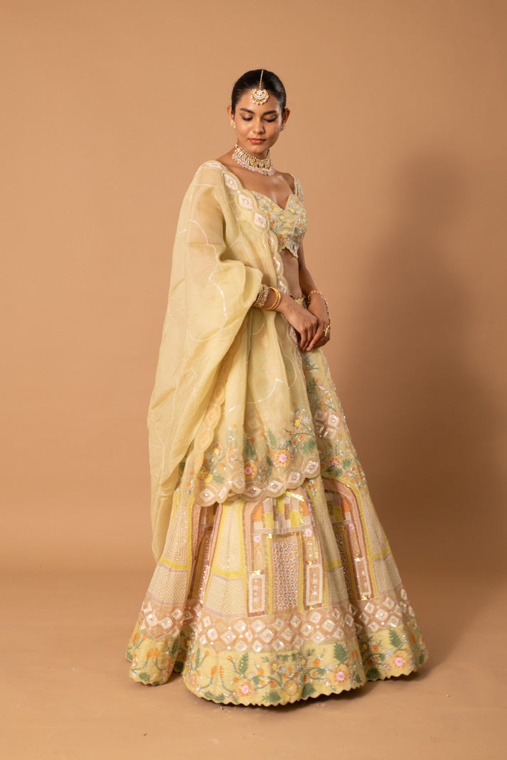 Solstice Pastel Lime Satin Organza Lehenga with Mughal Handpaint, Cutdana & Sequins