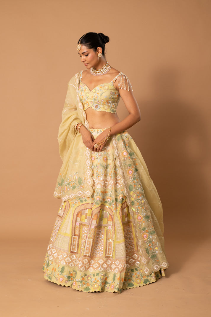 Solstice Pastel Lime Satin Organza Lehenga with Mughal Handpaint, Cutdana & Sequins