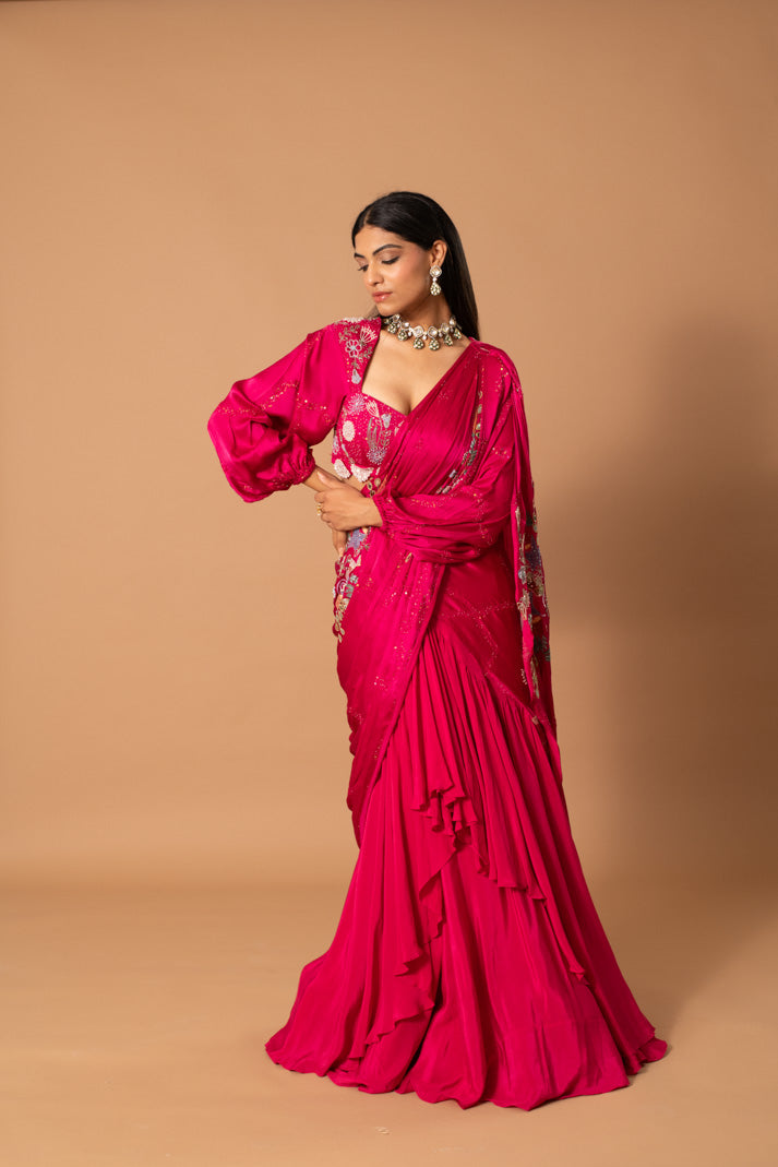 Fuchsia Fantasia Pre-Draped Saree in Satin Georgette & Crepe with Handpaint, Cutdana & Sequin Work