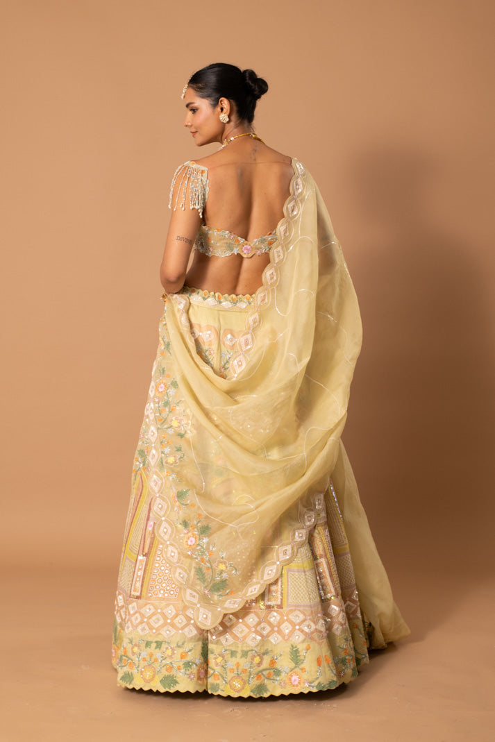 Solstice Pastel Lime Satin Organza Lehenga with Mughal Handpaint, Cutdana & Sequins