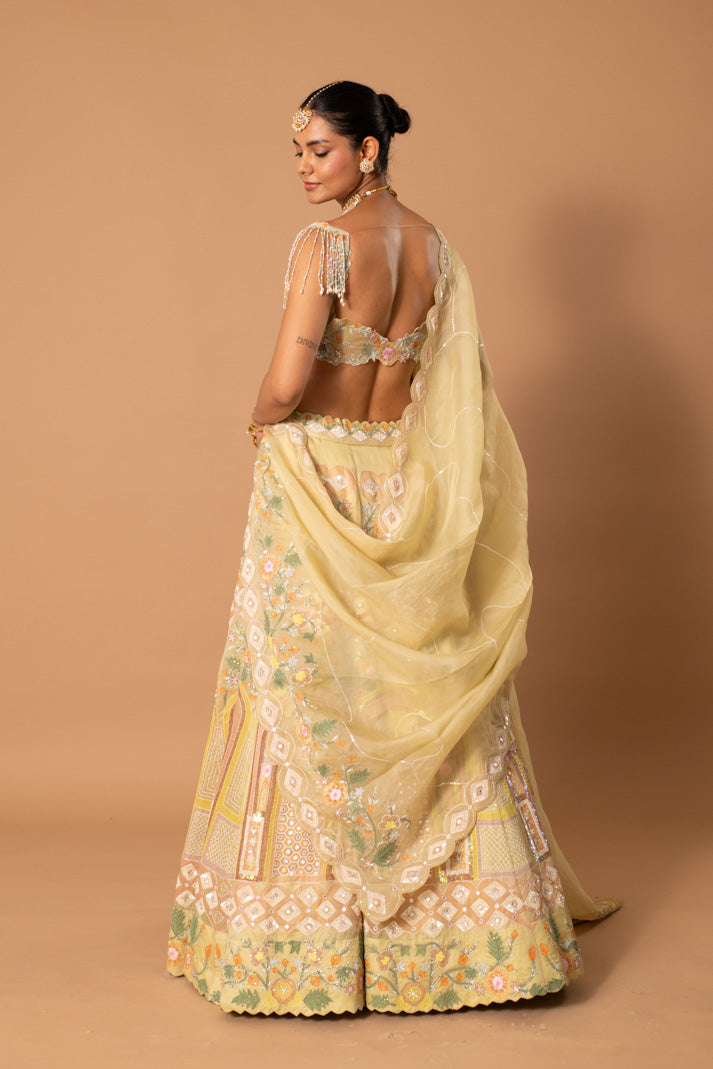 Solstice Pastel Lime Satin Organza Lehenga with Mughal Handpaint, Cutdana & Sequins