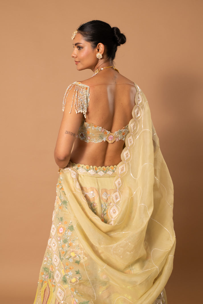 Solstice Pastel Lime Satin Organza Lehenga with Mughal Handpaint, Cutdana & Sequins