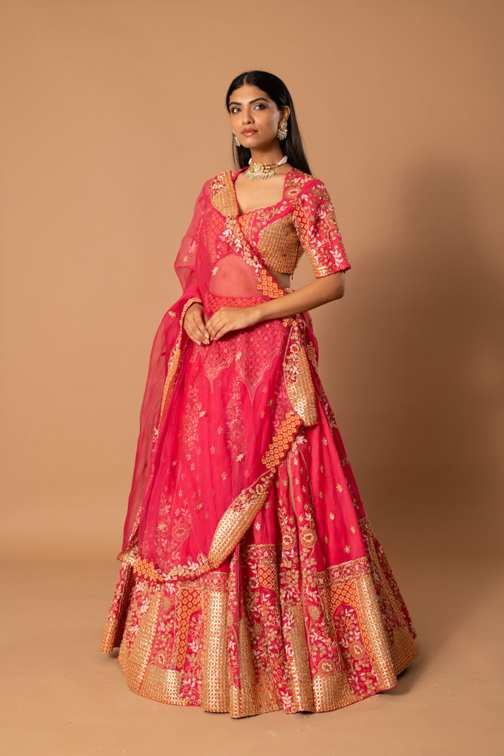 Chérie Cherry Red Satin Organza Lehenga with Gota & Thread Embroidery
