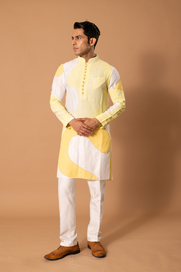 White & Yellow Handpainted Kurta