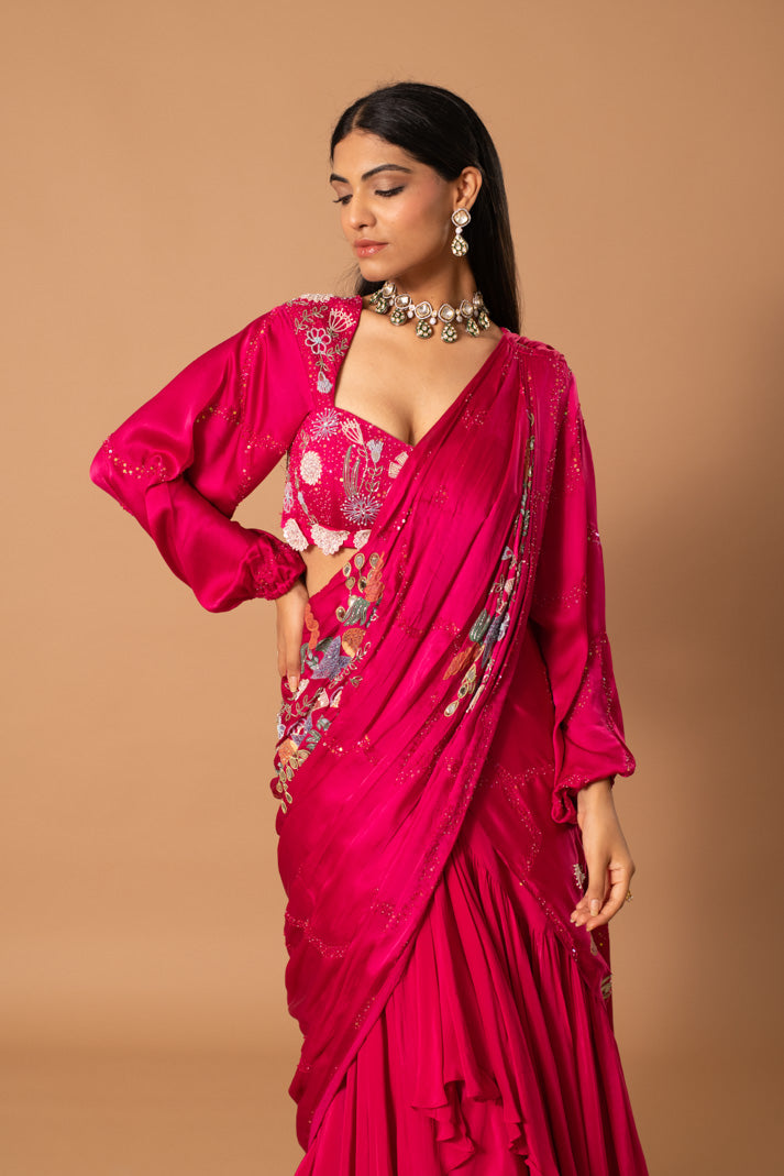 Fuchsia Fantasia Pre-Draped Saree in Satin Georgette & Crepe with Handpaint, Cutdana & Sequin Work