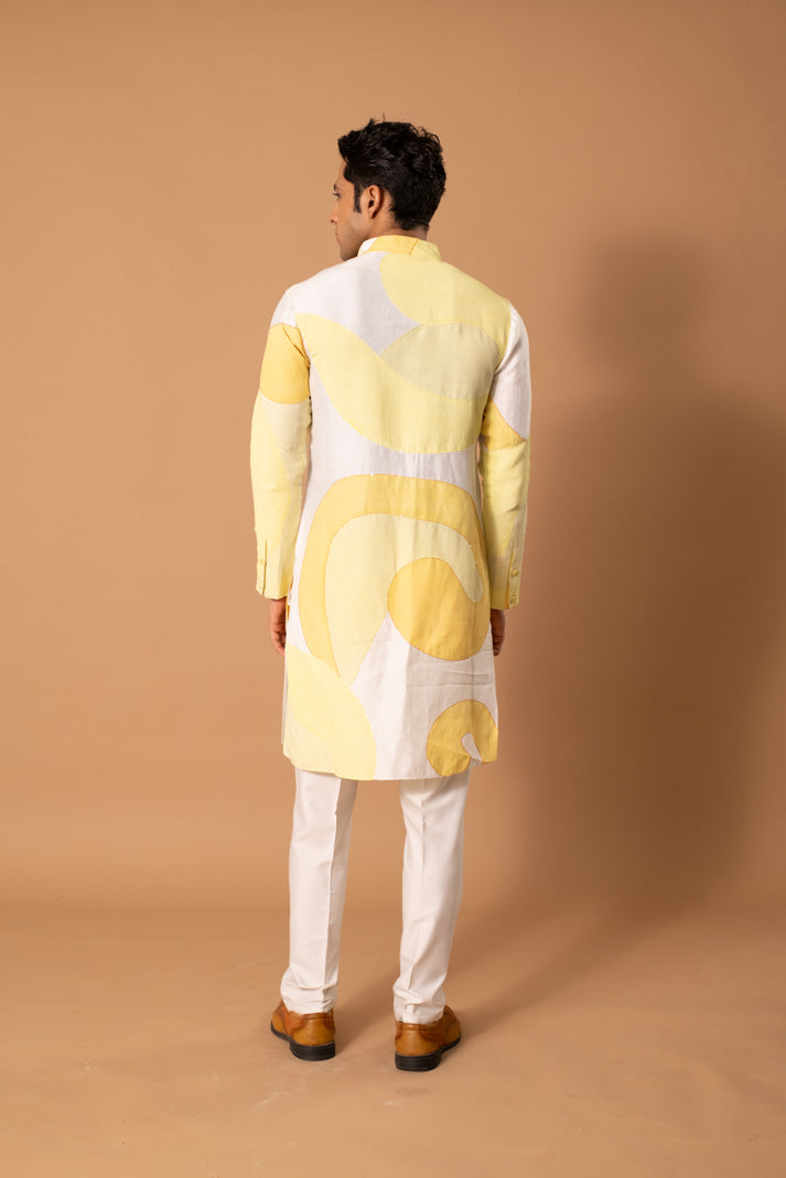 White & Yellow Handpainted Kurta