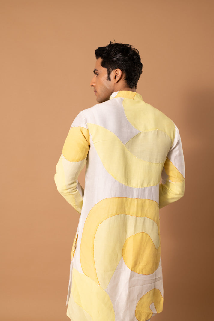 White & Yellow Handpainted Kurta