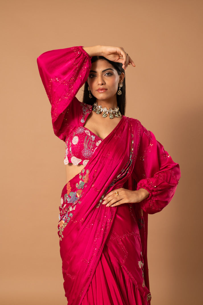 Fuchsia Fantasia Pre-Draped Saree in Satin Georgette & Crepe with Handpaint, Cutdana & Sequin Work