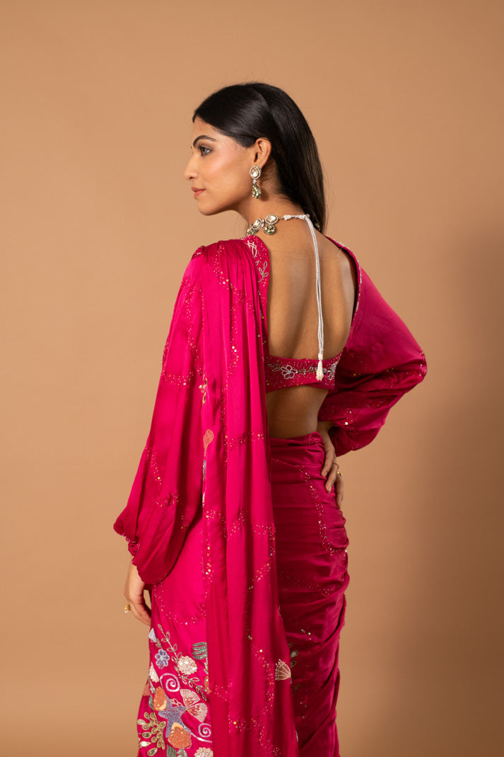 Fuchsia Fantasia Pre-Draped Saree in Satin Georgette & Crepe with Handpaint, Cutdana & Sequin Work