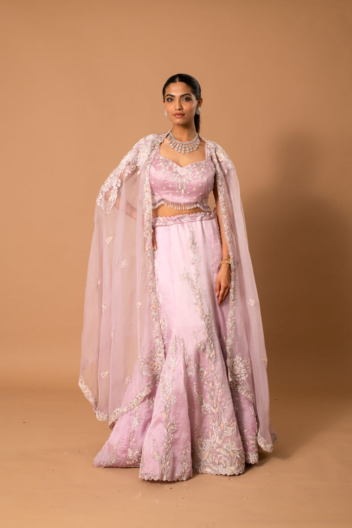 Muted Silver Embroidered Lilac Lehenga