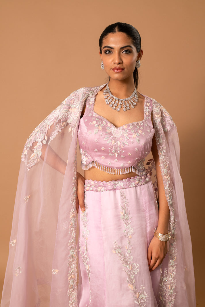 Muted Silver Embroidered Lilac Lehenga