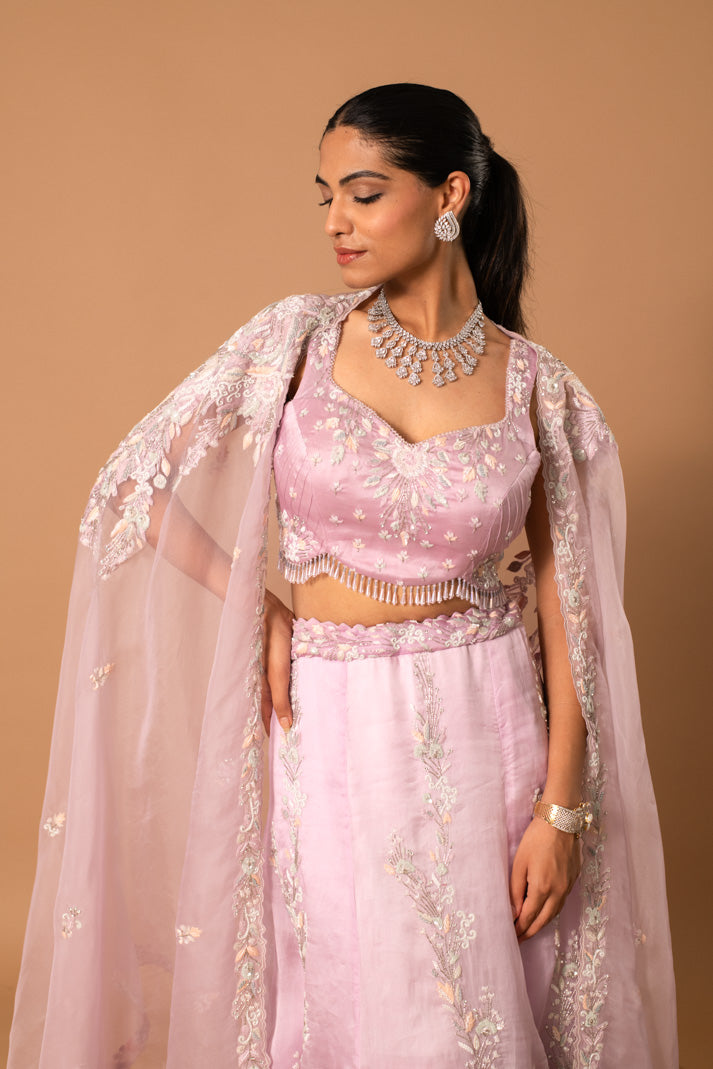 Muted Silver Embroidered Lilac Lehenga