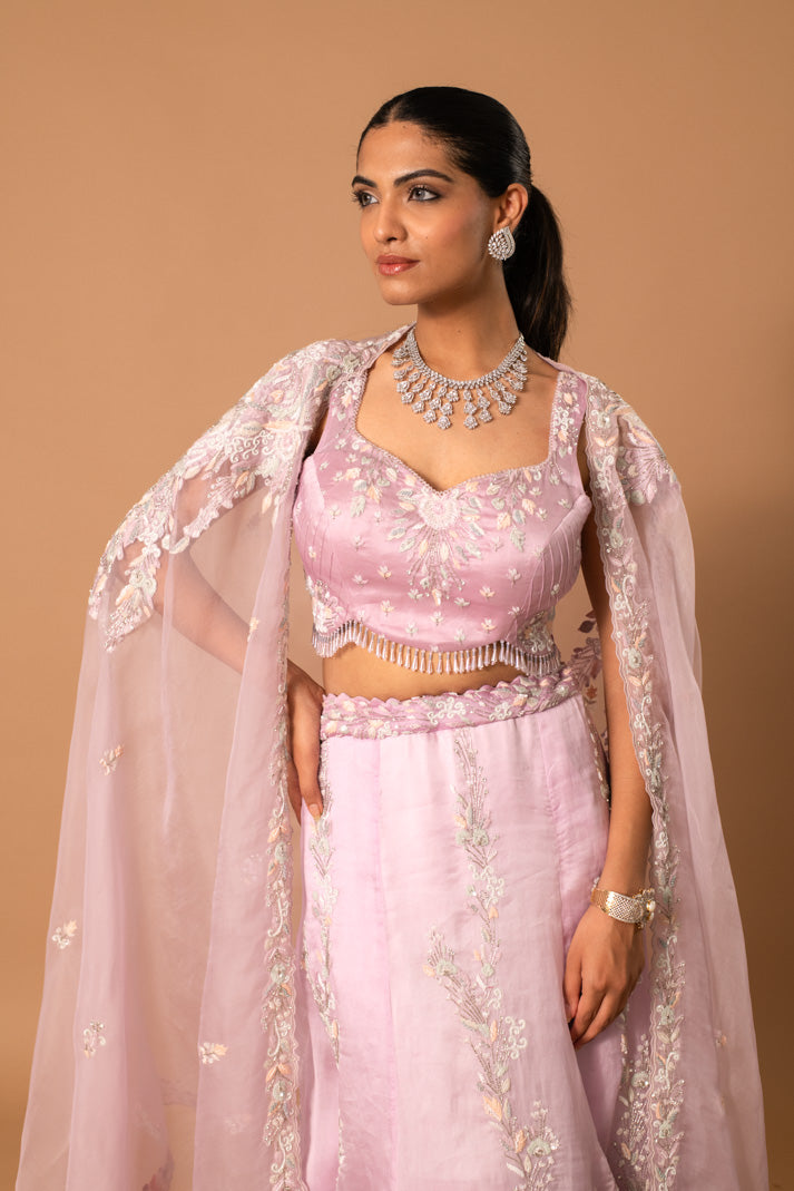 Muted Silver Embroidered Lilac Lehenga