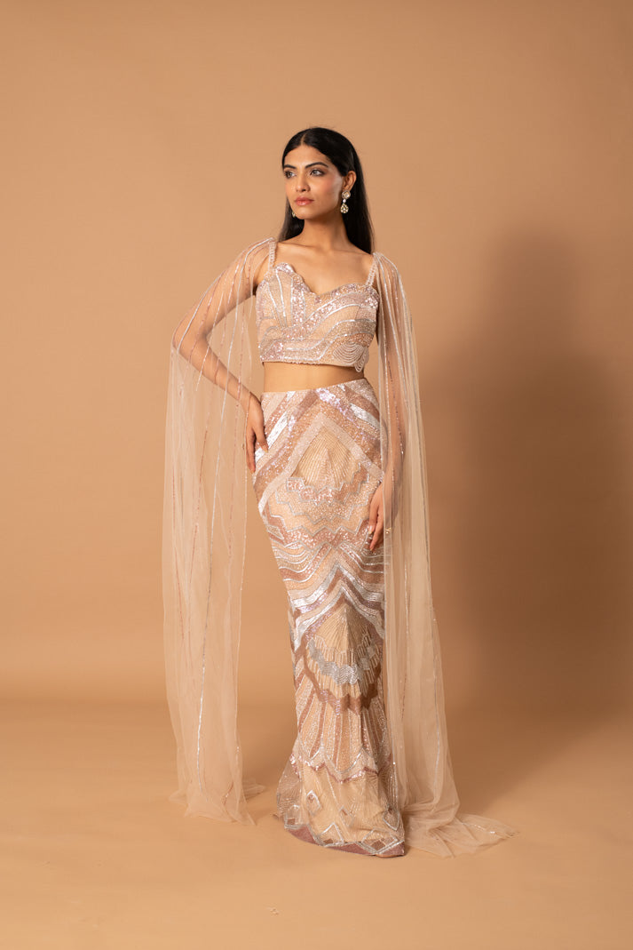 Chrysalis Muted Gold Gown Set with Cape Sleeves & Sequin-Cutdana Embellished Skirt