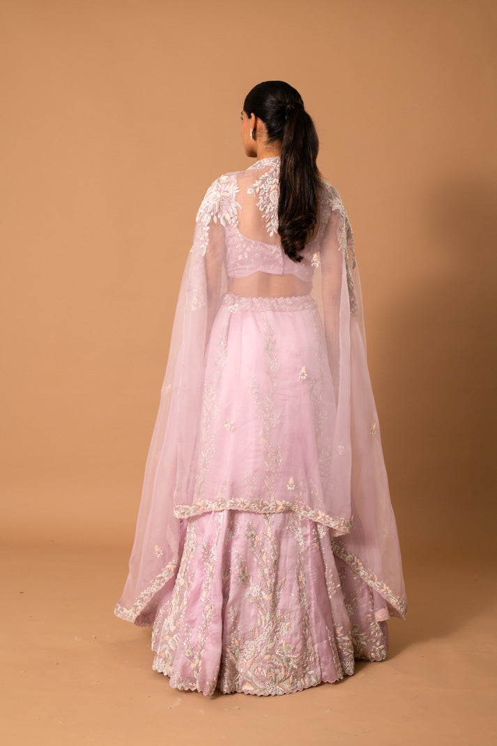 Muted Silver Embroidered Lilac Lehenga