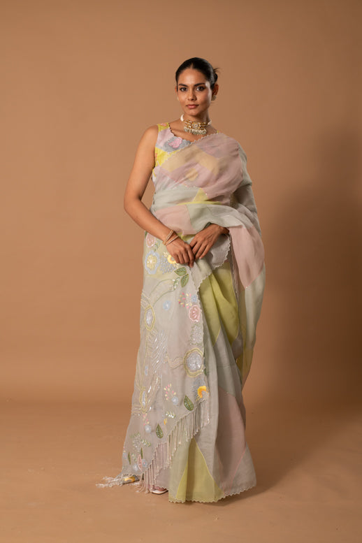 Spring Sparrow Handpainted Saree