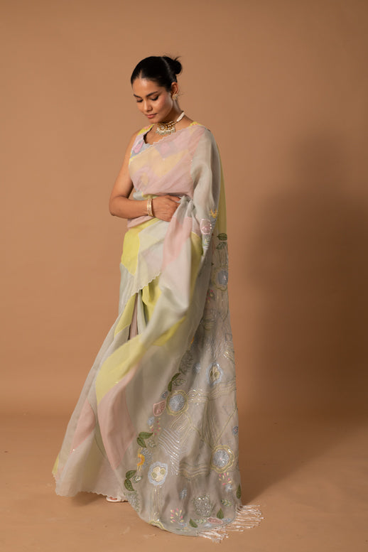 Spring Sparrow Handpainted Saree
