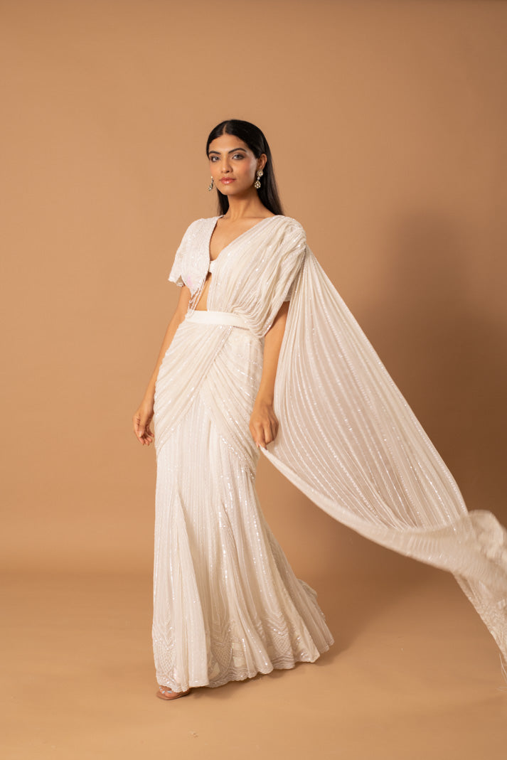 Aurore Pristine White Pre-Draped Saree with Chiffon Overlay, Sequins & Cutdana Detailing