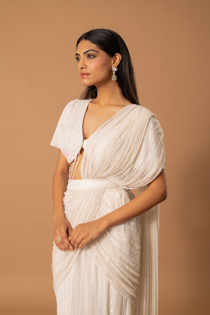 Aurore Pristine White Pre-Draped Saree with Chiffon Overlay, Sequins & Cutdana Detailing