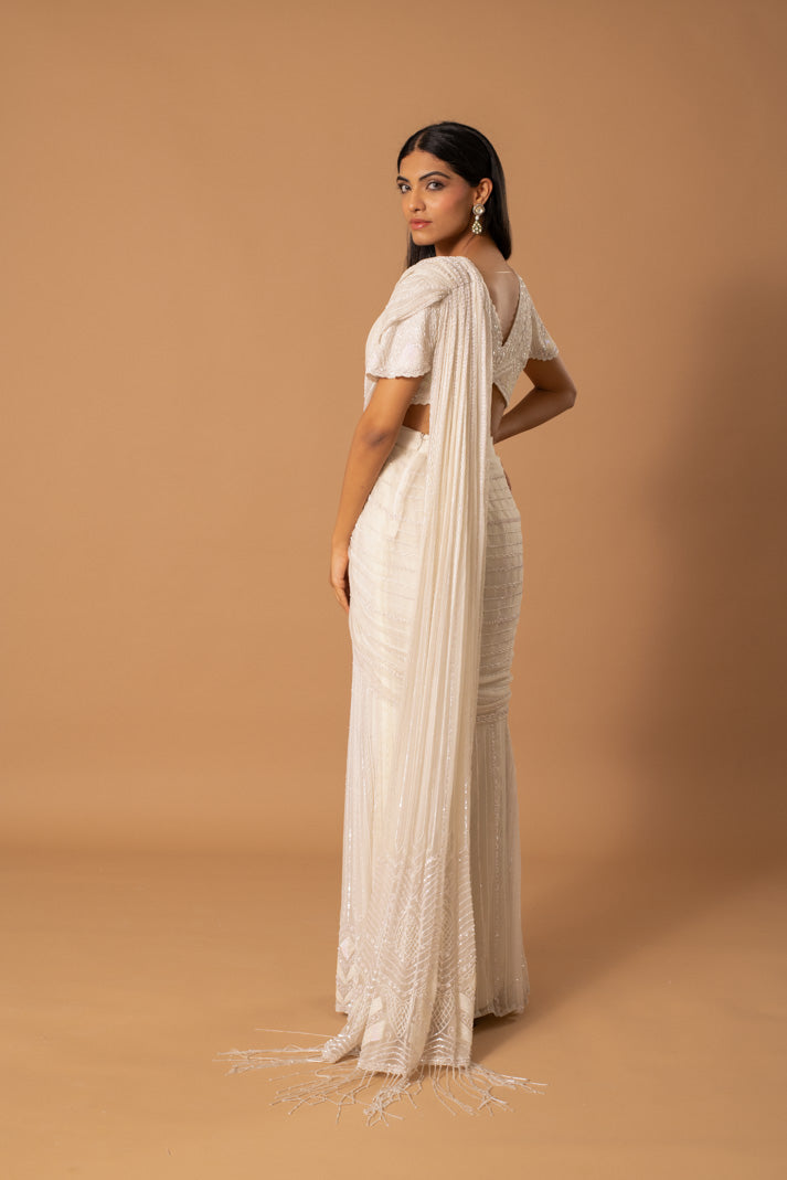 Aurore Pristine White Pre-Draped Saree with Chiffon Overlay, Sequins & Cutdana Detailing