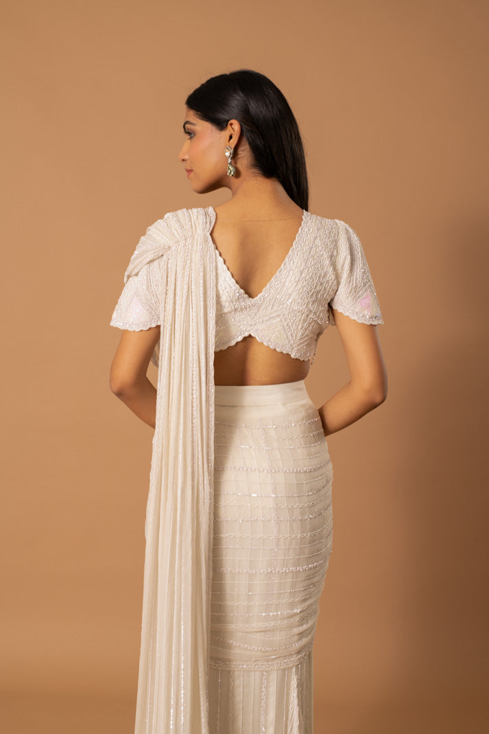 Aurore Pristine White Pre-Draped Saree with Chiffon Overlay, Sequins & Cutdana Detailing