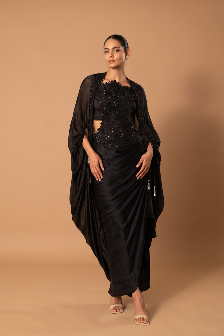 Lunar Black Three-Piece Coord Set in Semi-Malai Silk & Satin Georgette with Thread & Sequin Embroidery