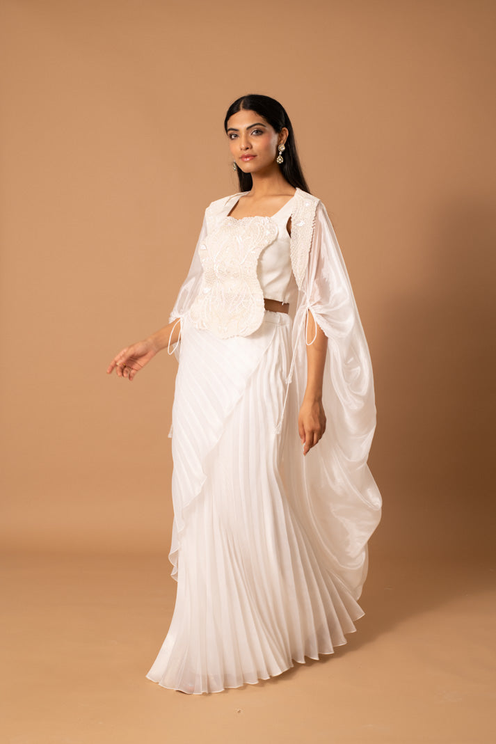 Cygnus Ivory Three-Piece Coord Set in Semi-Malai Silk & Organza with Thread, Cutdana & Sequin Work