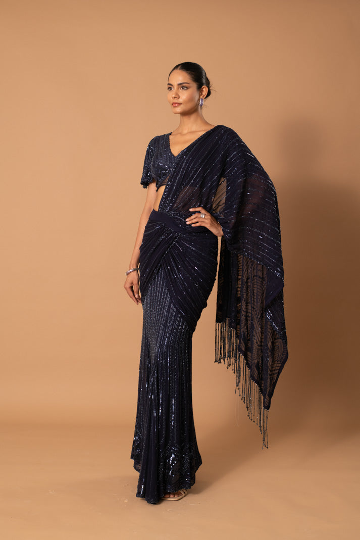 Inara Navy Blue Pre-Draped Saree with Cutdana & Sequin Embroidery