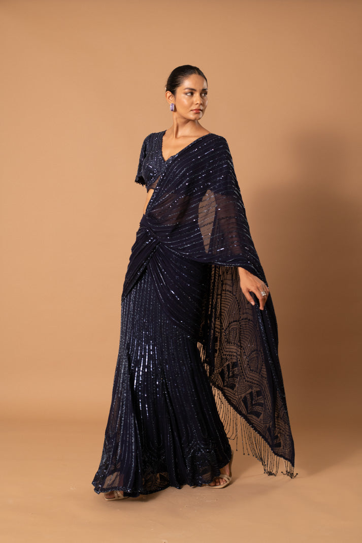 Inara Navy Blue Pre-Draped Saree with Cutdana & Sequin Embroidery
