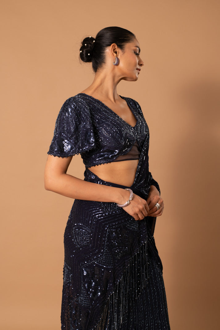 Inara Navy Blue Pre-Draped Saree with Cutdana & Sequin Embroidery