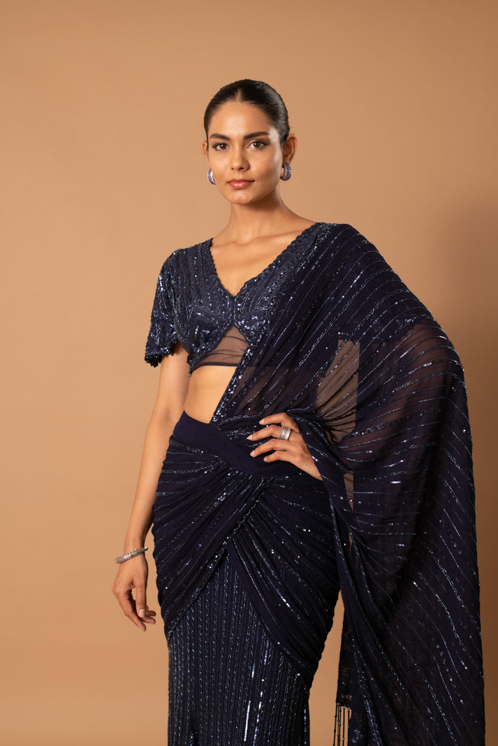 Inara Navy Blue Pre-Draped Saree with Cutdana & Sequin Embroidery